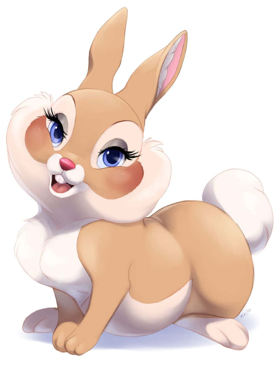 Miss Rabbit 桌布 壁紙 — 一隻可愛的卡通兔子，有大大的藍眼睛和蓬鬆的白色胸口，開心地坐在純白色背景前。