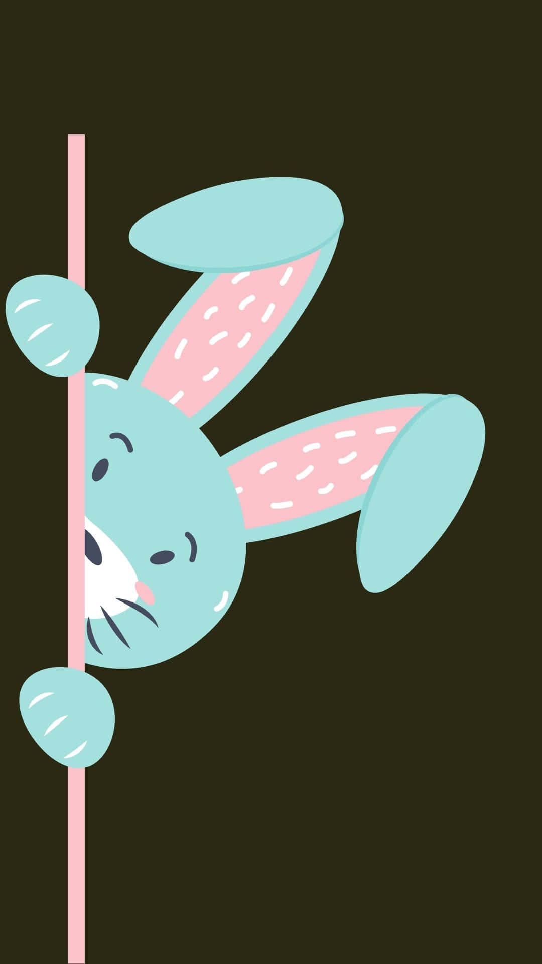 Easter Bunny 桌布 壁紙 — 一隻可愛的卡通兔子，淺藍色毛髮和粉紅色內耳，在深棕色背景上從粉紅色柱子後面頑皮地探出頭來。