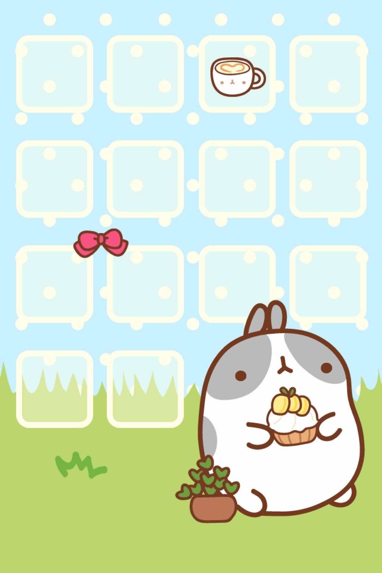 Kawaii iPhone 桌布 壁紙 — 一隻可愛的卡通兔子，灰色耳朵，拿著一個紙杯蛋糕和一個盆栽植物，背景是淺藍色網格，上面有一個咖啡杯圖標。