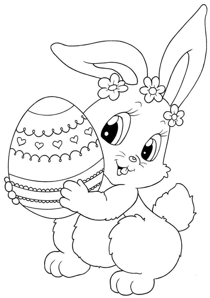 Easter Bunny 桌布 壁紙 — 一隻可愛的卡通兔子，耳朵上有花，拿著一個裝飾好的復活節彩蛋，以黑白線條畫呈現。