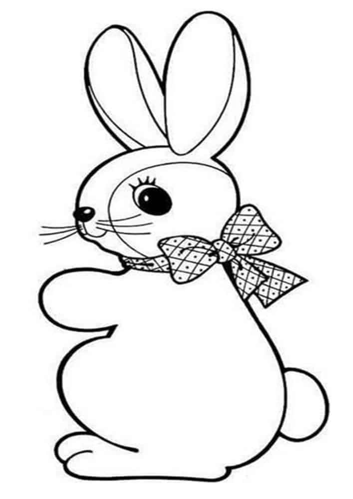 Easter Bunny 桌布 壁紙 — 一隻可愛的卡通兔子，長耳朵，戴著圖案蝴蝶結，以簡單線條風格直立坐著。