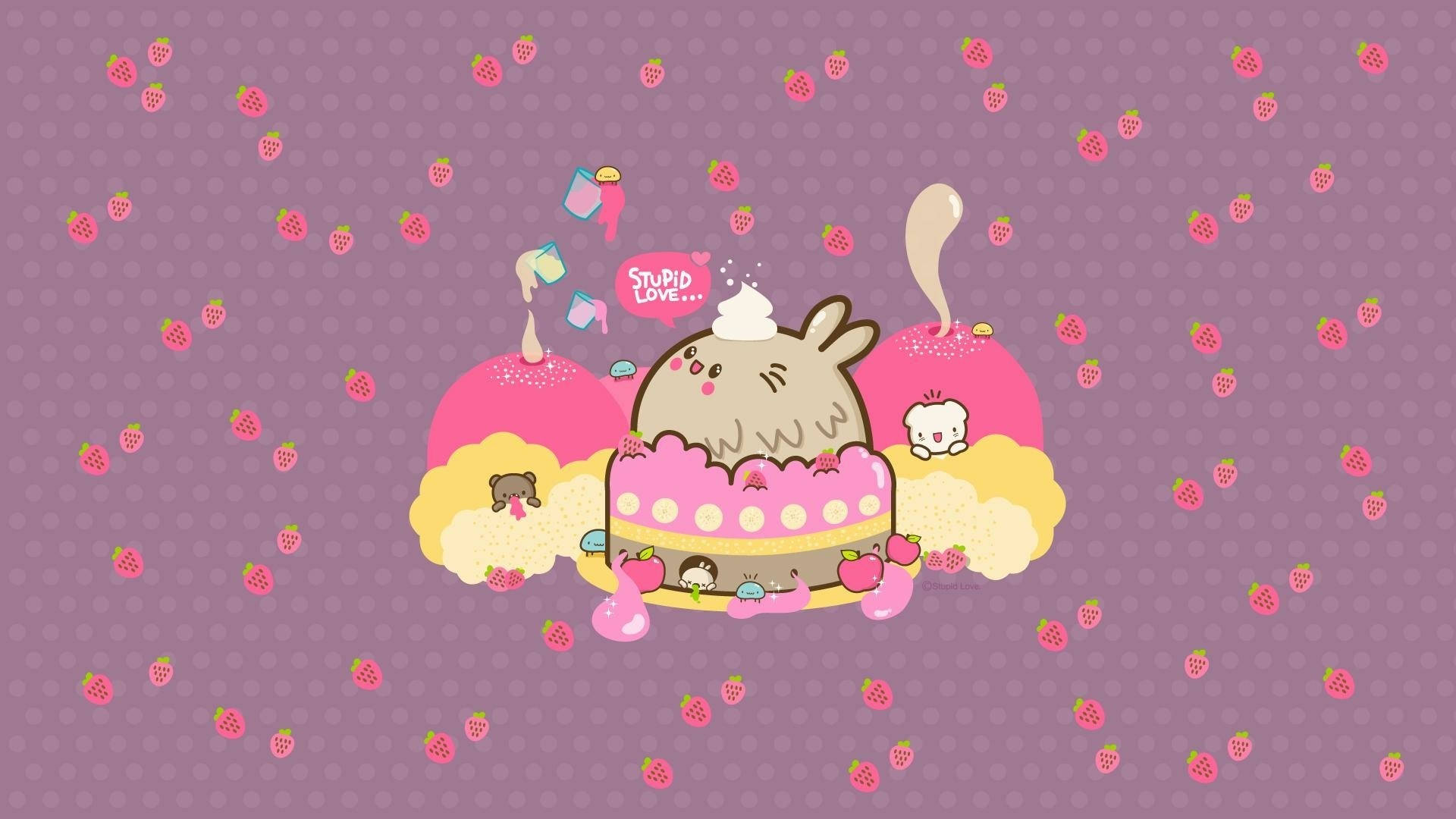 Cute Cartoon Bear 桌布 壁紙 — 一隻可愛的卡通兔子坐在一個粉紅色蛋糕上，周圍有草莓和漂浮的糖果，背景是紫色圓點。