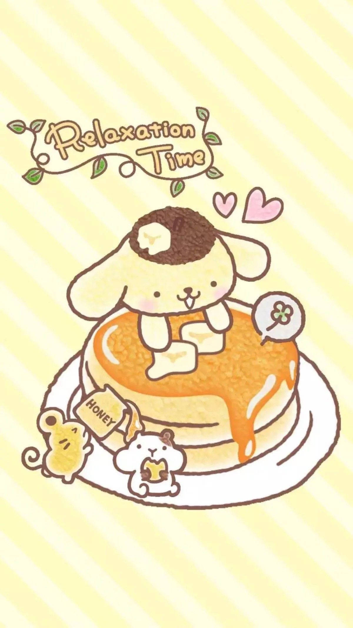 sanrio 桌布 壁紙 — 一隻可愛的卡通兔子坐在一堆蜂蜜糖漿鬆餅上面，旁邊有幾隻小老鼠，背景是黃色條紋。