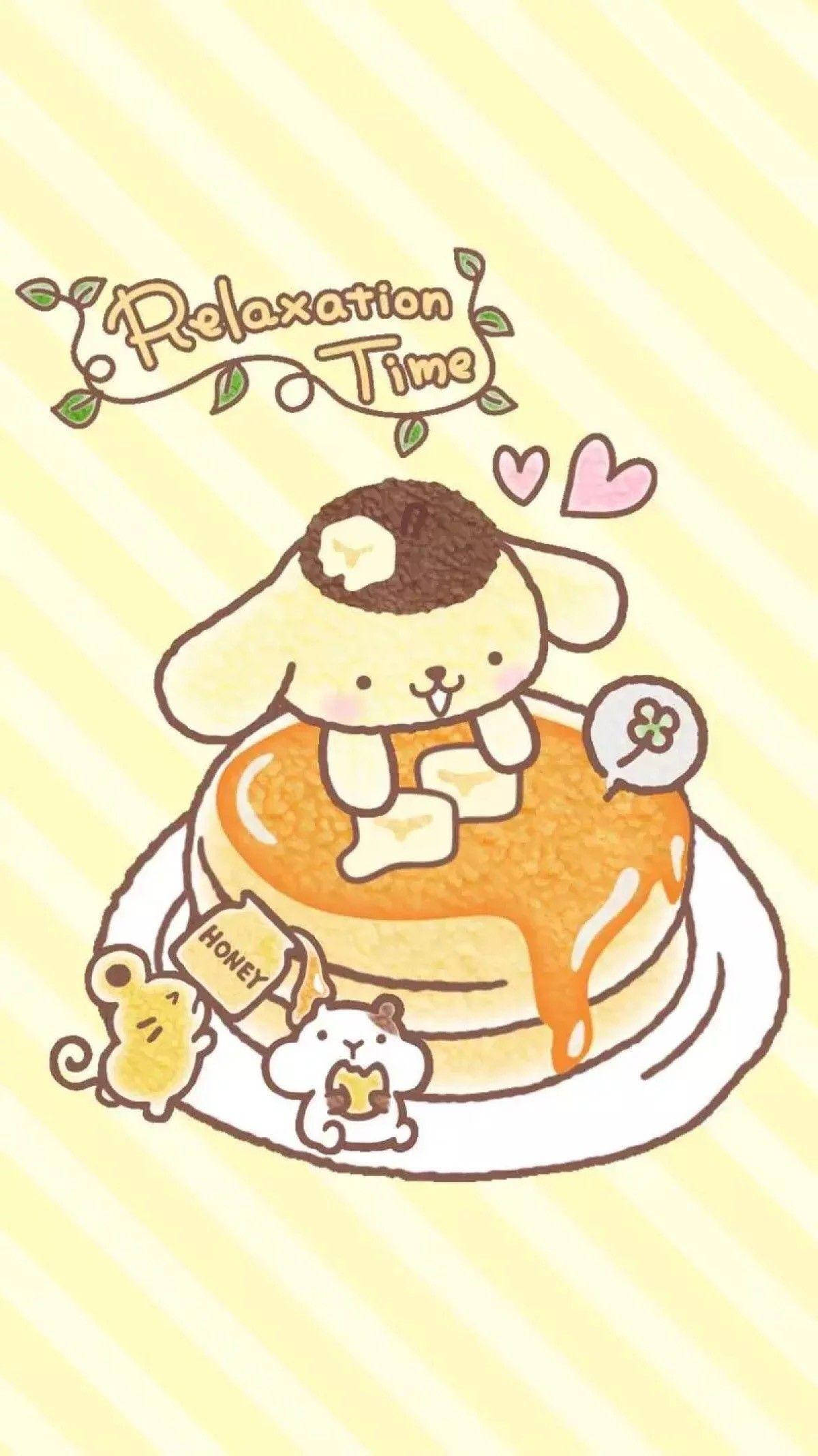 Cute Cartoon Dog 桌布 壁紙 — 一隻可愛的卡通兔子坐在一堆蜂蜜糖漿鬆餅上面，旁邊有兩隻小老鼠，背景是黃色條紋。