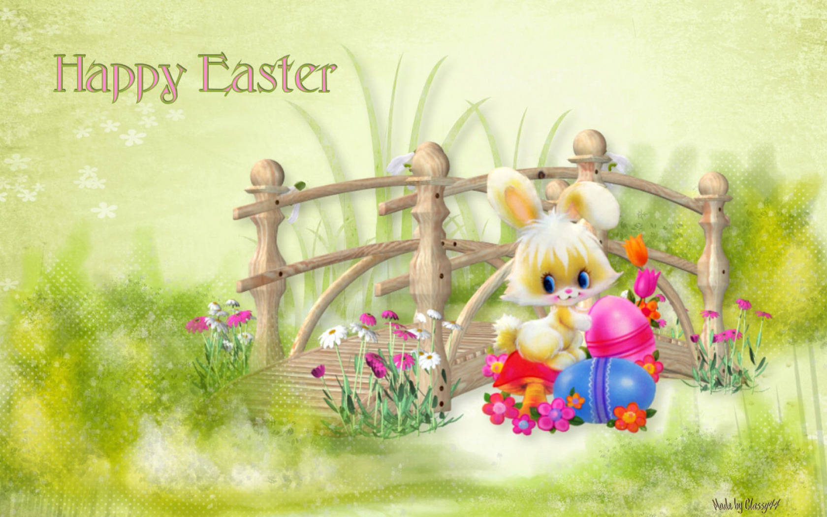 Cute Easter 桌布 壁紙 — 一隻可愛的卡通兔子坐在木橋上，周圍是色彩繽紛的花朵和復活節蛋，在柔軟的綠色草地上。