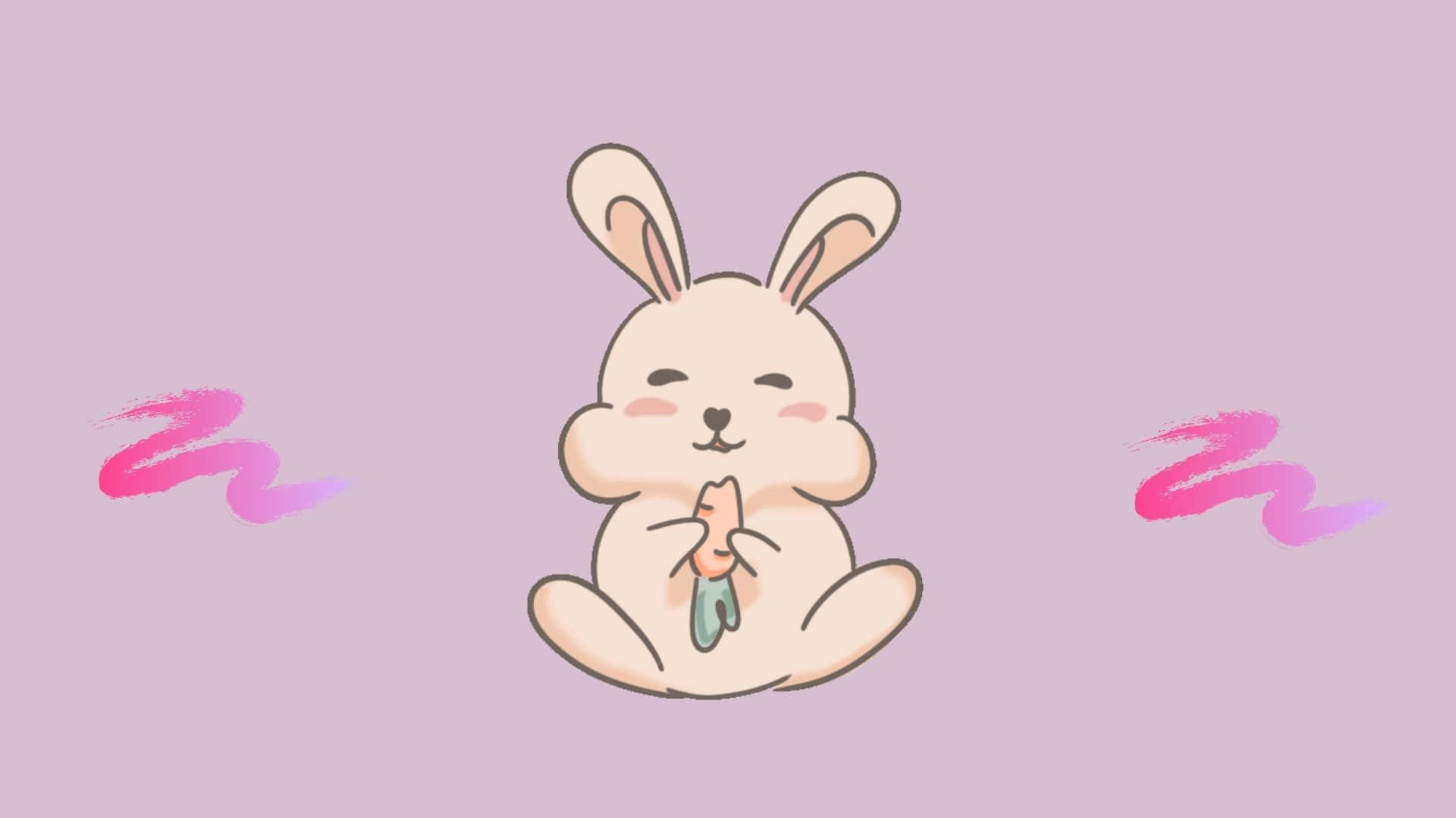 Pink Bunny 桌布 壁紙 — 一隻可愛的卡通兔子平靜地坐著，手持一個小小的綠色物體，背景是帶有粉紅色漩渦的柔和薰衣草色。