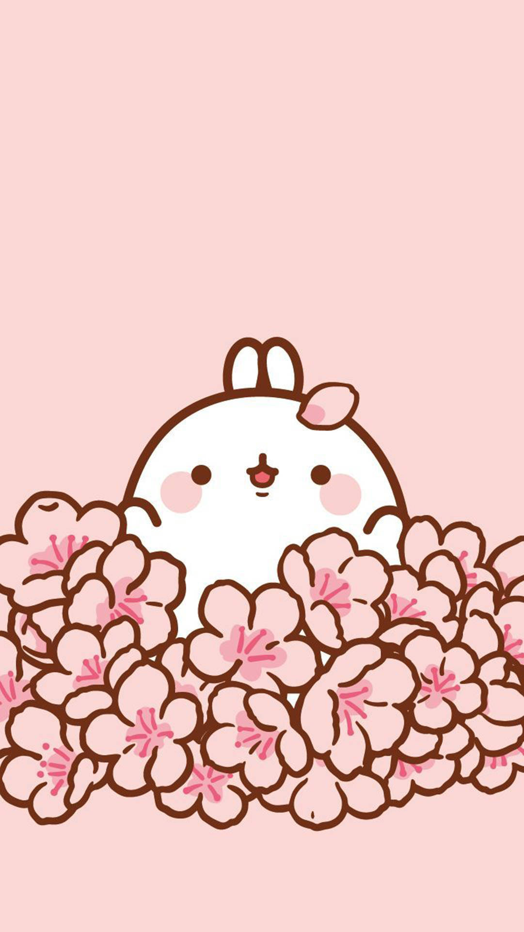 Molang 桌布 壁紙 — 一隻可愛的卡通兔子從一堆粉紅色的櫻花後面探出頭來，背景是柔和的粉紅色。
