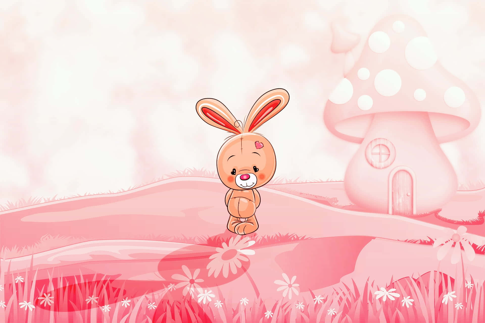Kawaii Bunny 桌布 壁紙 — 一隻可愛的卡通兔子站在柔軟的粉紅色草地上，旁邊是一間夢幻的蘑菇屋，天空充滿夢幻色彩。