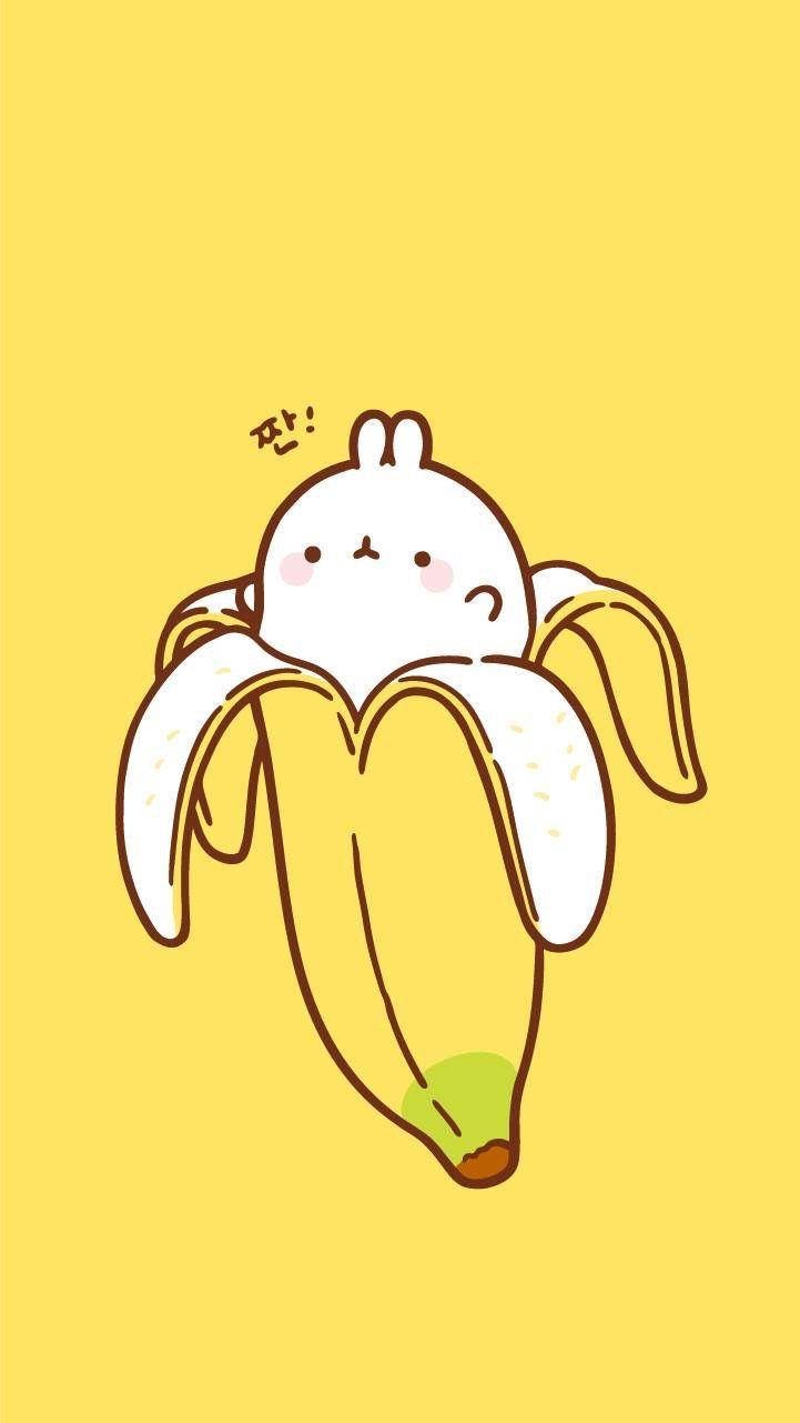 Molang 桌布 壁紙 — 一隻可愛的卡通兔從香蕉皮中探出頭來，背景是純黃色。