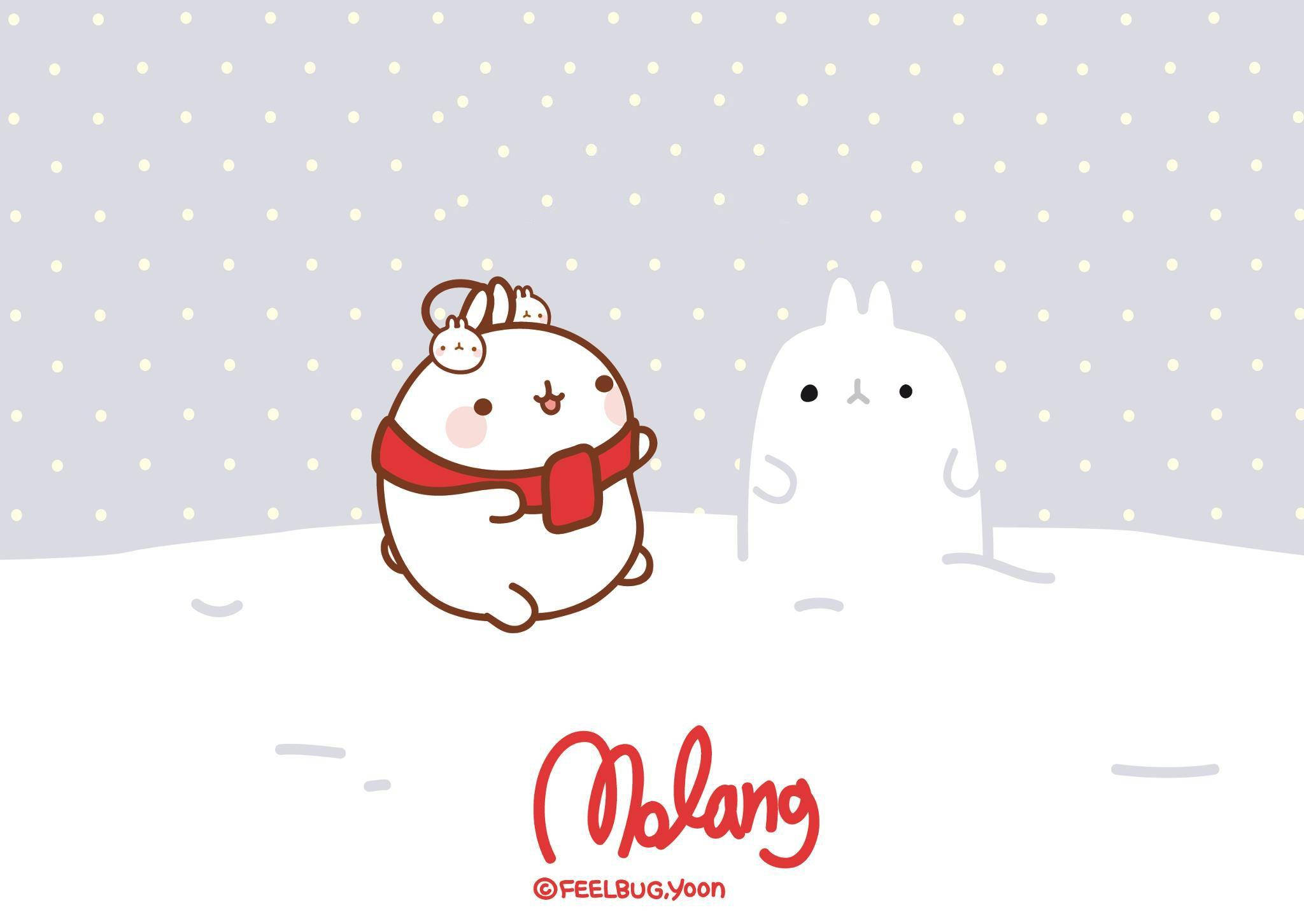 Cute Snow 桌布 壁紙 — 一隻可愛的卡通兔戴著紅色圍巾站在雪地裡，旁邊是一隻幽靈般的白兔，雪花飄落。