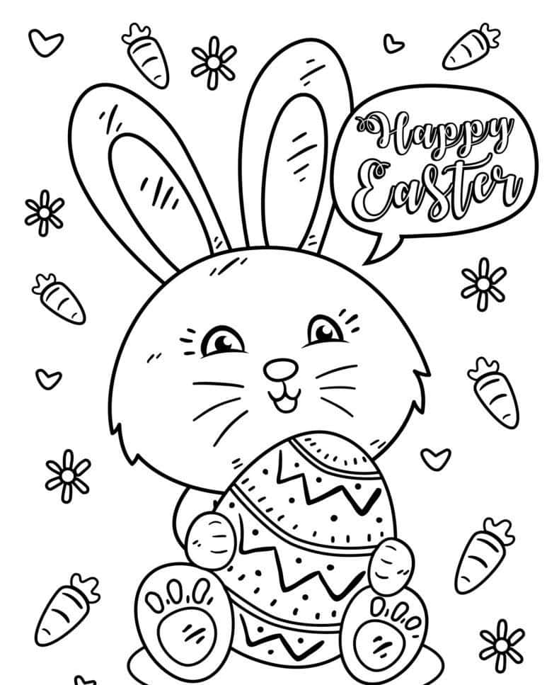 Easter Bunny 桌布 壁紙 — 一隻可愛的卡通兔拿著一個有圖案的復活蛋，周圍有紅蘿蔔和花朵，還有一個寫著「復活節快樂」的對話氣泡。