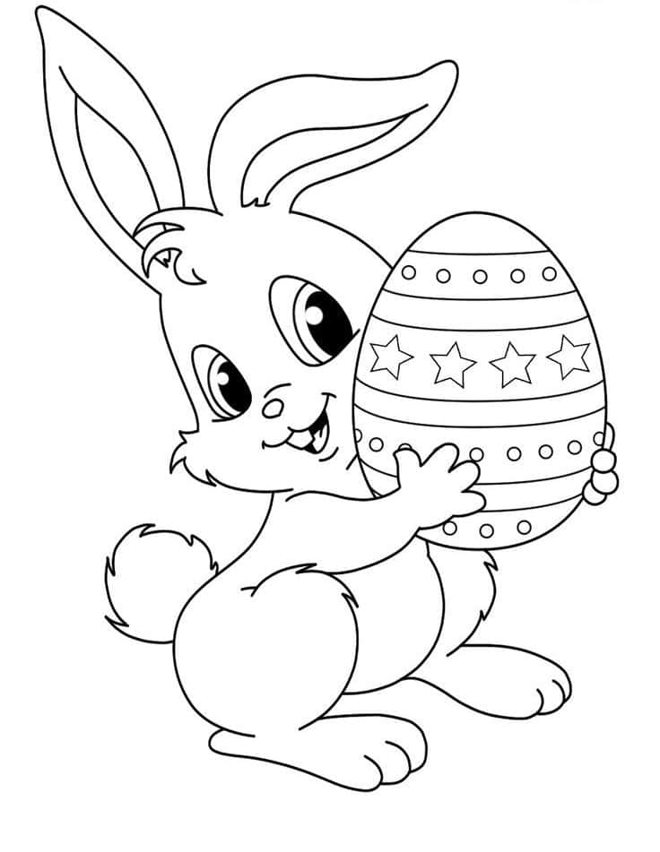 Easter Bunny 桌布 壁紙 — 一隻可愛的卡通兔拿著一個裝飾有星星和圓點的復活節蛋，黑白線條畫。