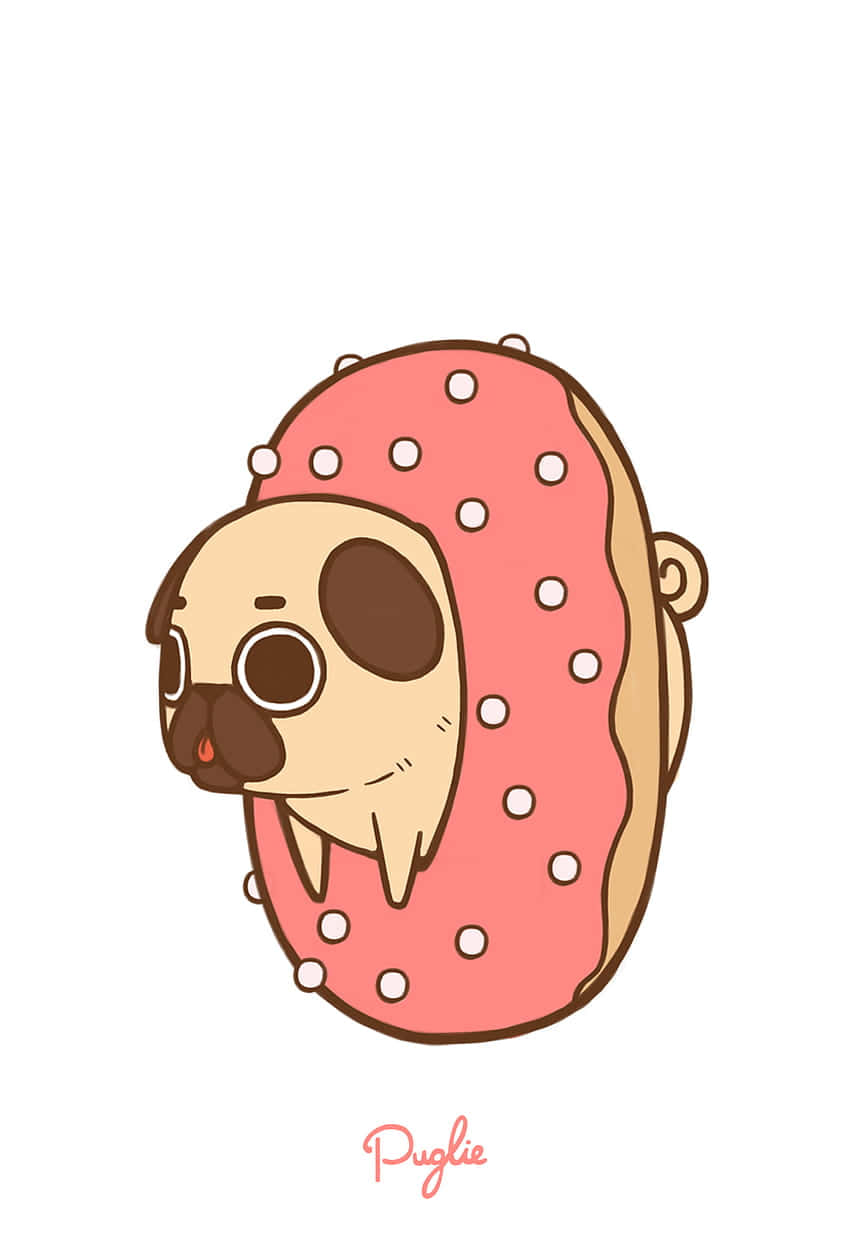 Cute Donut 桌布 壁紙 — 一隻可愛的卡通八哥犬從一個有白色糖粒的粉紅色糖霜甜甜圈中探出頭來。