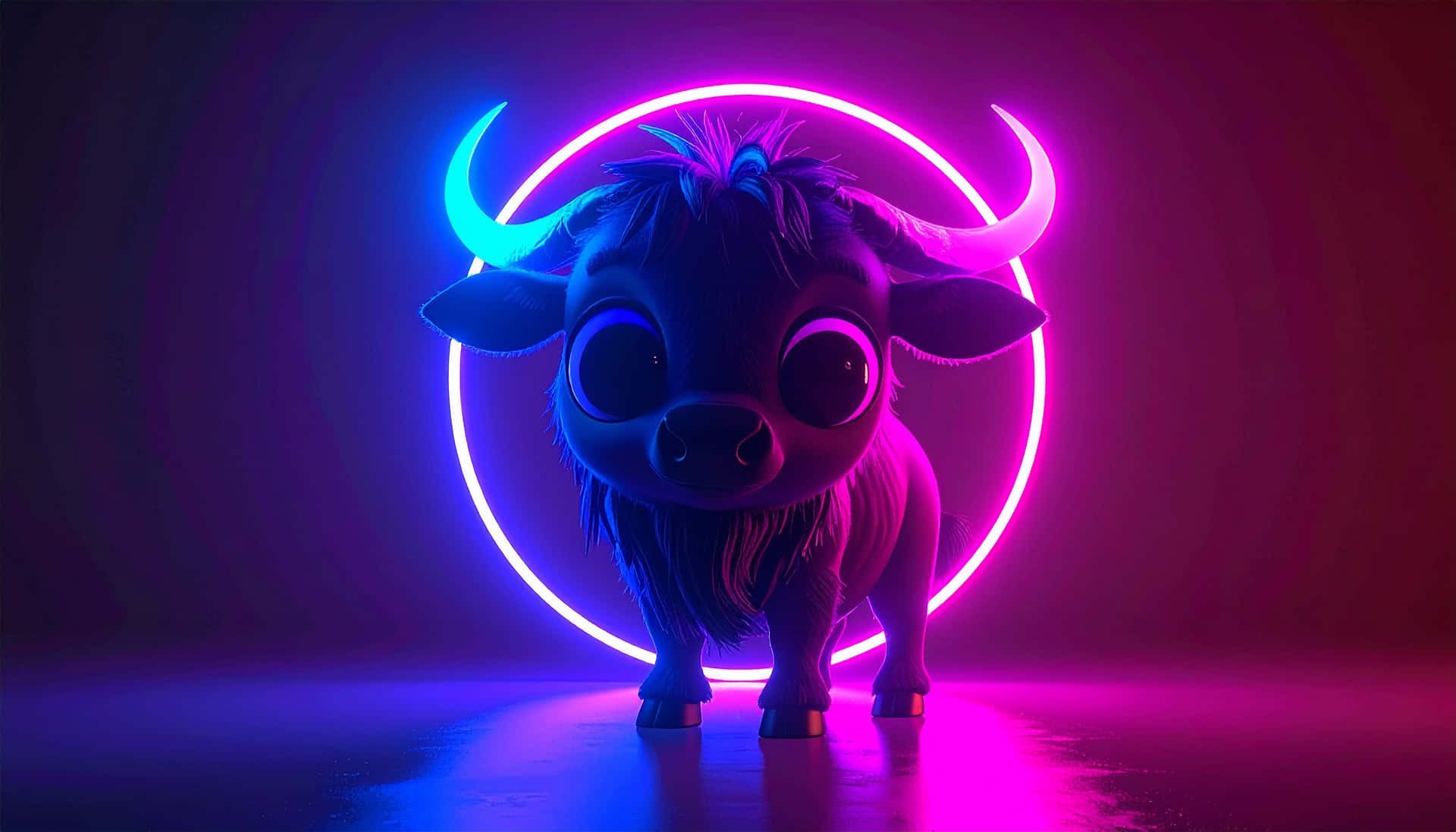 Cute Wildebeest 壁紙 — 一隻可愛的卡通公牛，帶有發光的霓虹角和眼睛，站在一個充滿活力的粉紅色和藍色霓虹環中，背景是深色漸變。
