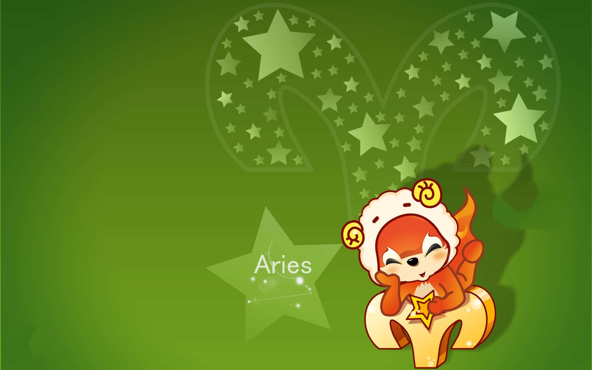 aries 桌布 壁紙 — 一隻可愛的卡通公羊，頭戴星形光環，自豪地坐在一顆發光的星星旁邊，星星上標有Aries，背景是綠色漸變色。