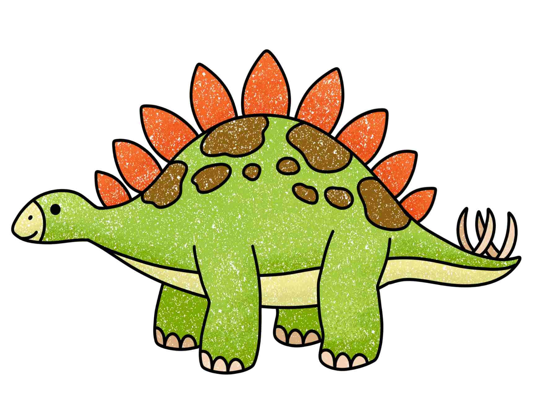 Dino 桌布 壁紙 — 一隻可愛的卡通劍龍，綠色身體、橙色尖刺和棕色斑點，站在純白色背景上微笑。