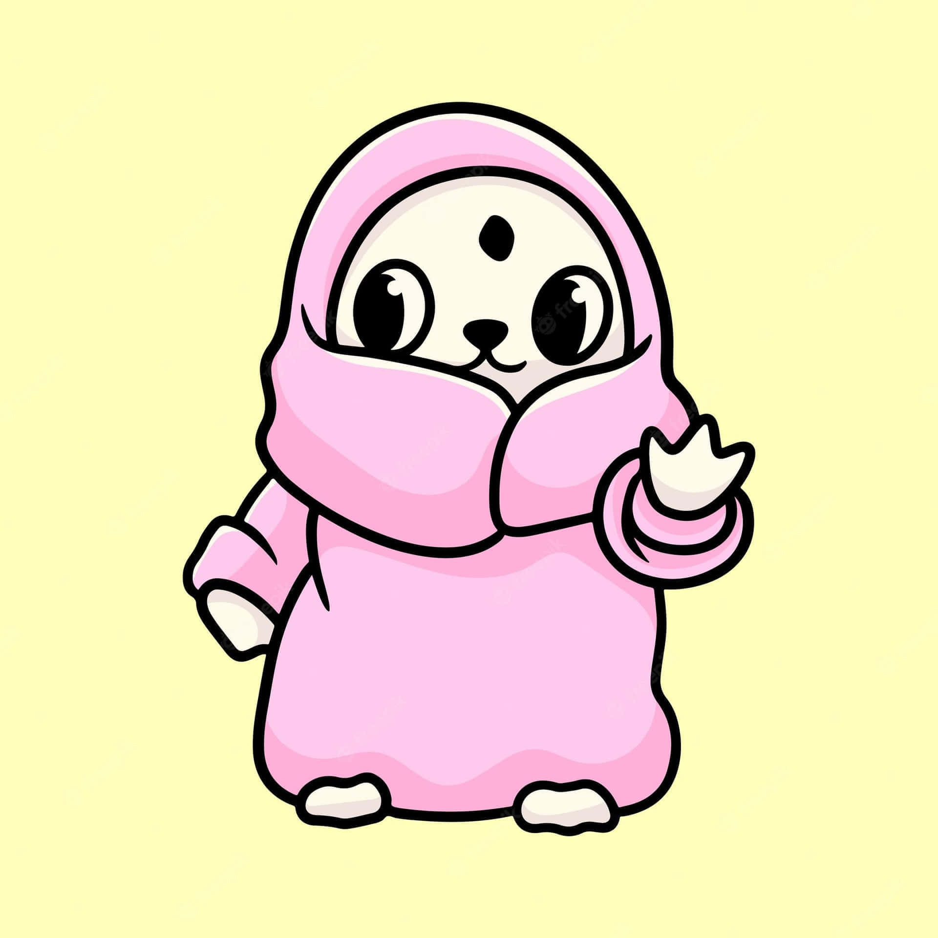 Discord 桌布 壁紙 — 一隻可愛的卡通動物戴著粉紅色頭巾，在柔和的黃色背景上愉快地揮手。