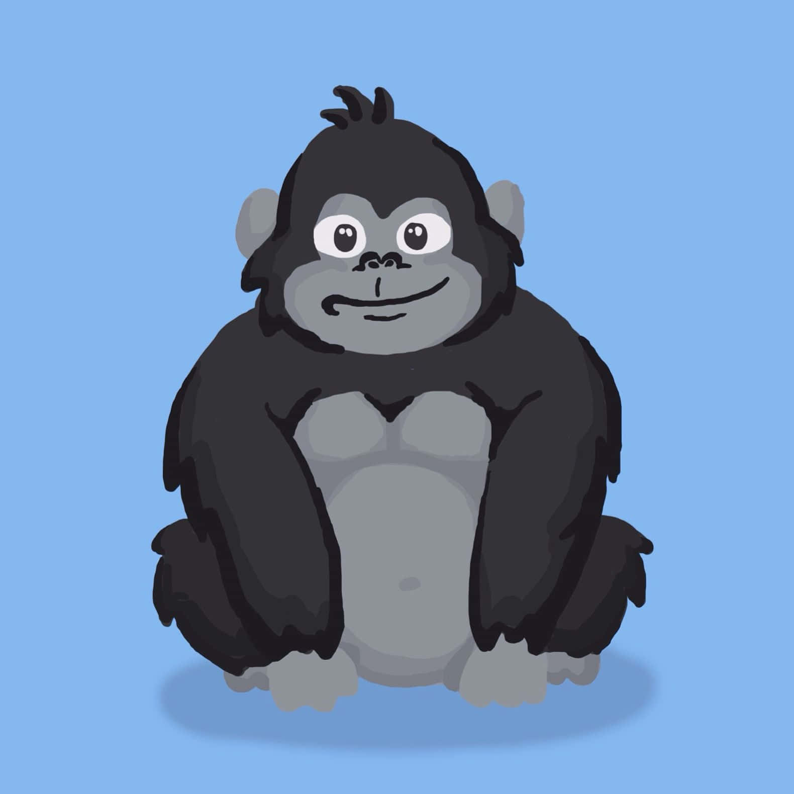 Gorilla 桌布 壁紙 — 一隻可愛的卡通大猩猩，有大眼睛和微笑，坐在純藍色背景前。