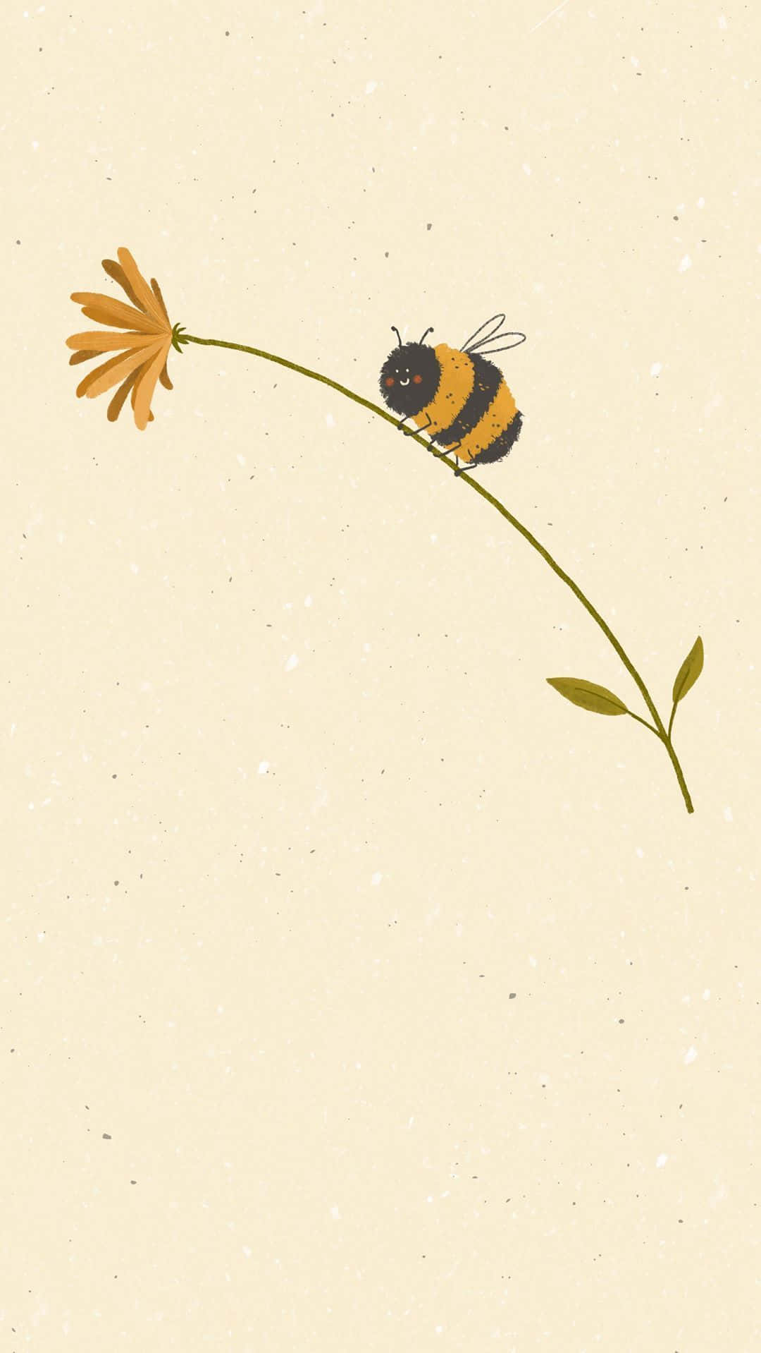 Aesthetic Bee 桌布 壁紙 — 一隻可愛的卡通大黃蜂棲息在纖細的莖上，莖上有一朵橙色的花，背景是帶斑點的米色。