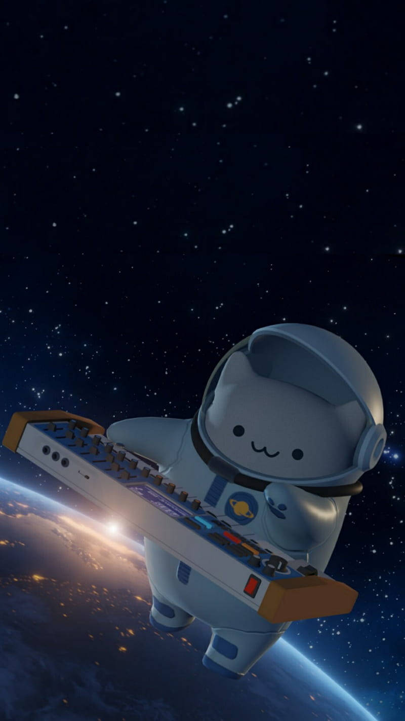  壁紙 — 一隻可愛的卡通太空貓漂浮在太空中，拿著鍵盤，下方是發光的地球。
