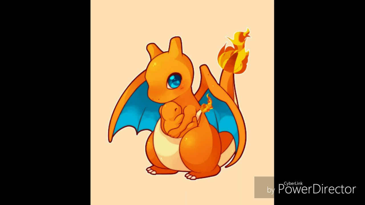 Cute Charmander 桌布 壁紙 — 一隻可愛的卡通小火龍，藍色眼睛和火焰尾巴，坐在柔和的蜜桃色背景前。