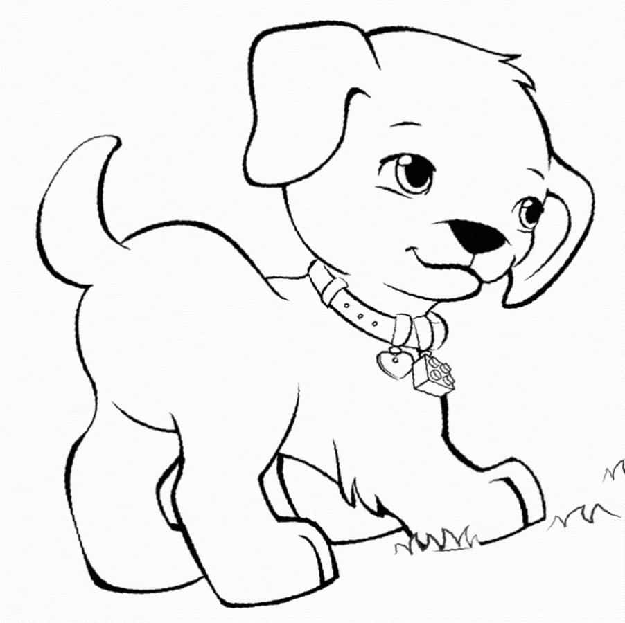 Dog Free 桌布 壁紙 — 一隻可愛的卡通小狗，垂耳戴著項圈，坐在草地上，準備上色。