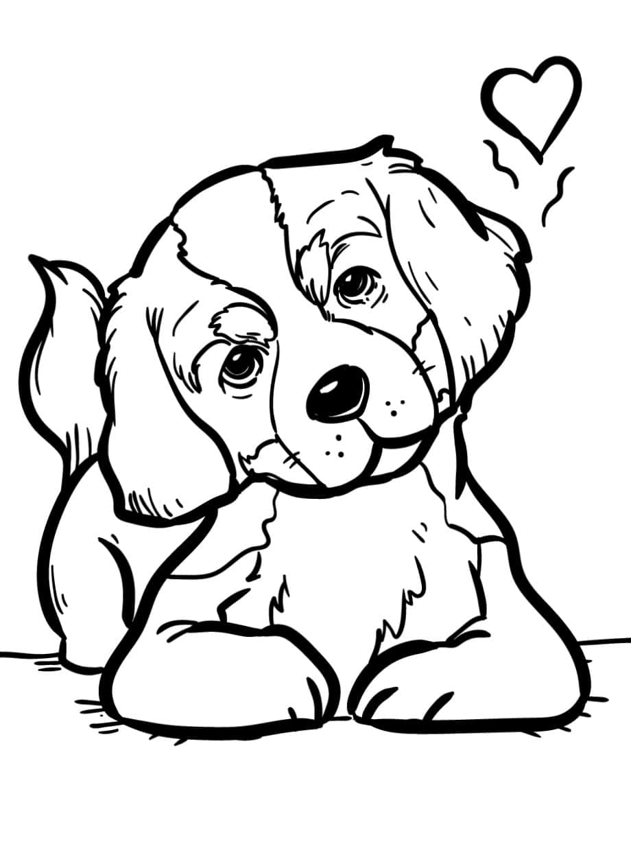 Dog Free 桌布 壁紙 — 一隻可愛的卡通小狗，大眼睛，頭頂有一顆心，以簡單線條畫出，坐姿可愛。