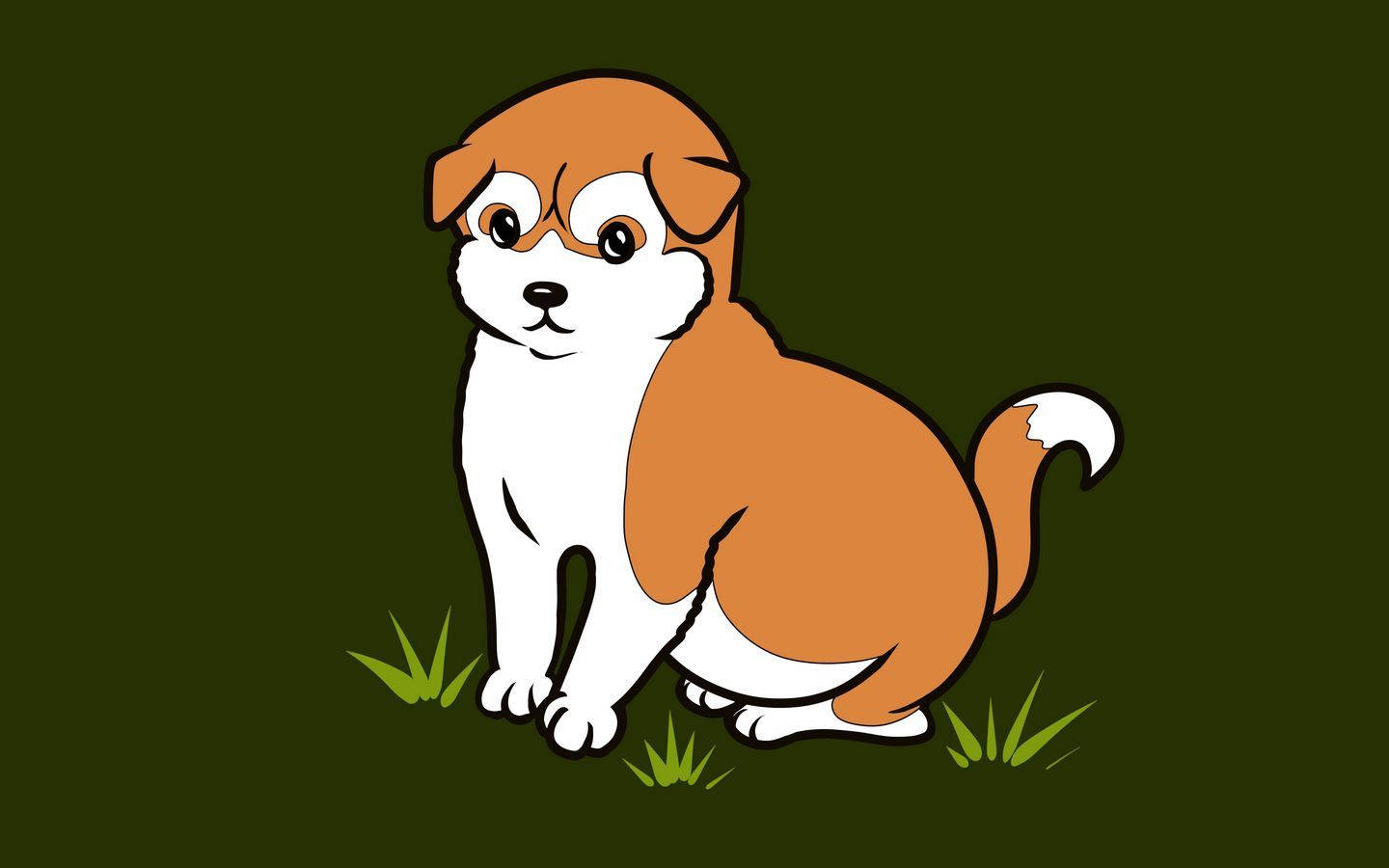 極簡美學動圖 桌布 壁紙 — 一隻可愛的卡通小狗，有棕色和白色的毛，坐在深橄欖色背景的綠色草地上。
