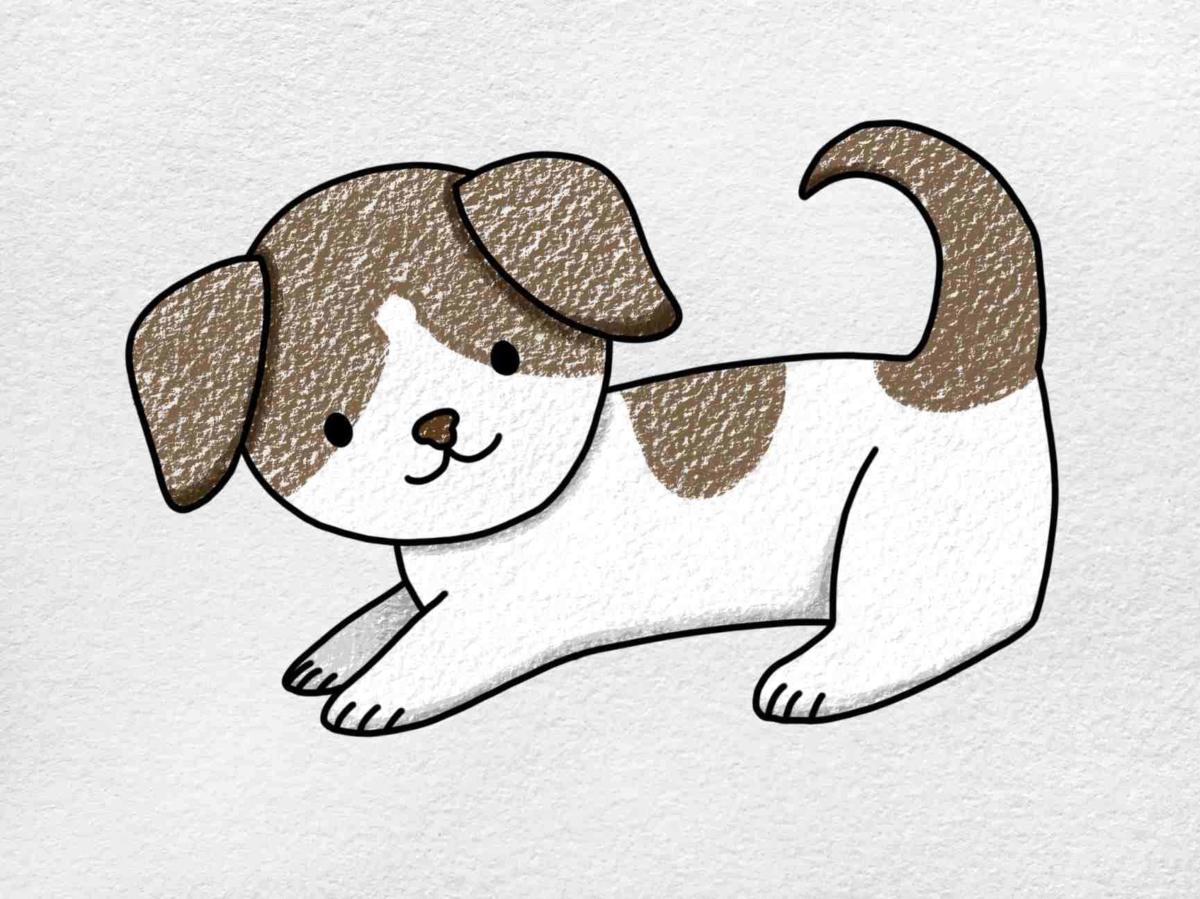 Easy Dog 桌布 壁紙 — 一隻可愛的卡通小狗，有棕色斑點和捲曲尾巴，躺在有紋理的白色紙上，帶有簡單的黑色輪廓。