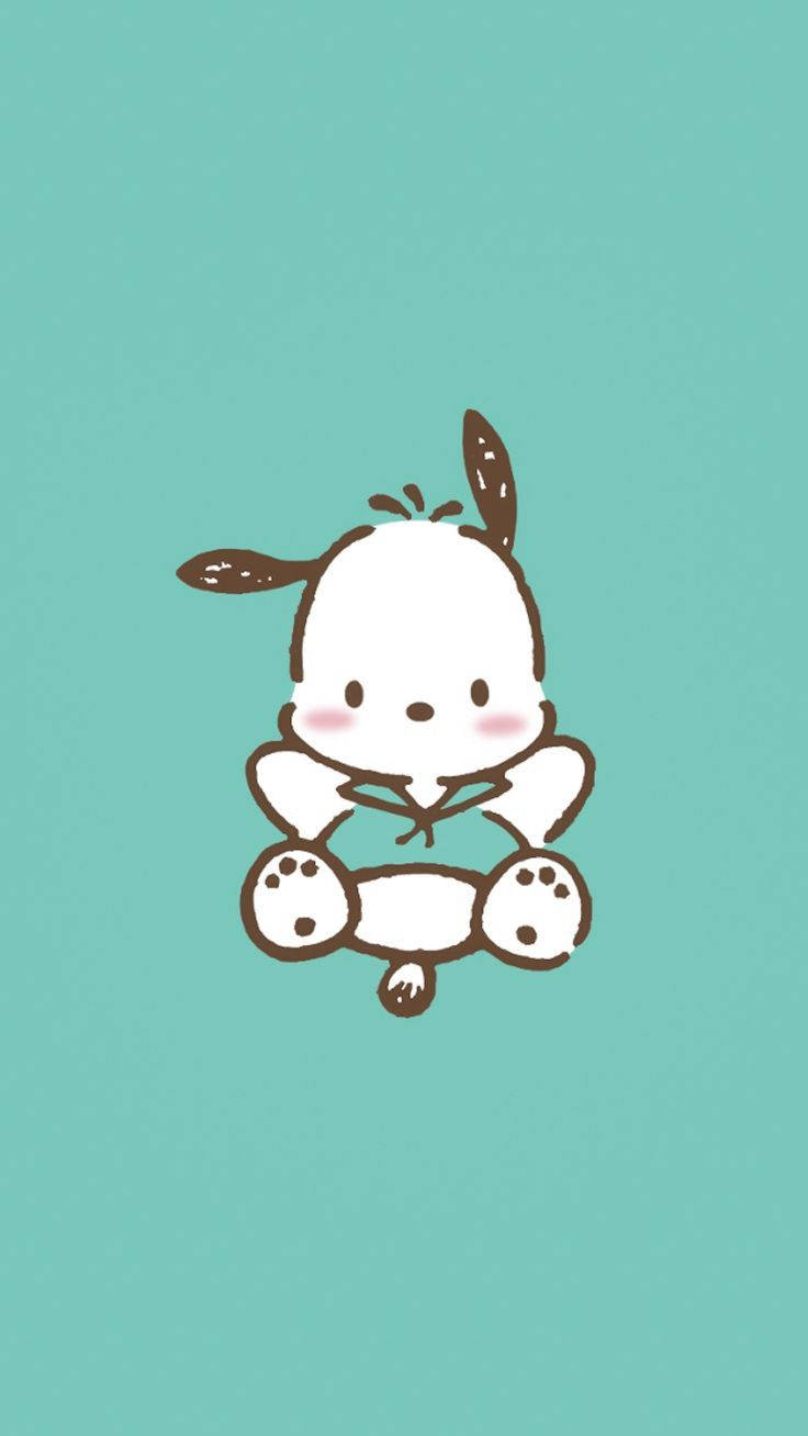 Pochacco 桌布 壁紙 — 一隻可愛的卡通小狗，有棕色耳朵和爪子，坐在純青色背景中央。