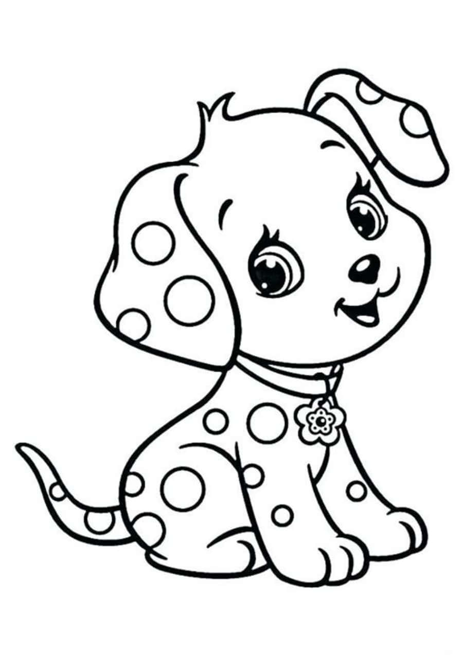 Dog Coloring 桌布 壁紙 — 一隻可愛的卡通小狗，有著下垂的斑點耳朵和一個花朵標籤，坐在純色背景上微笑。