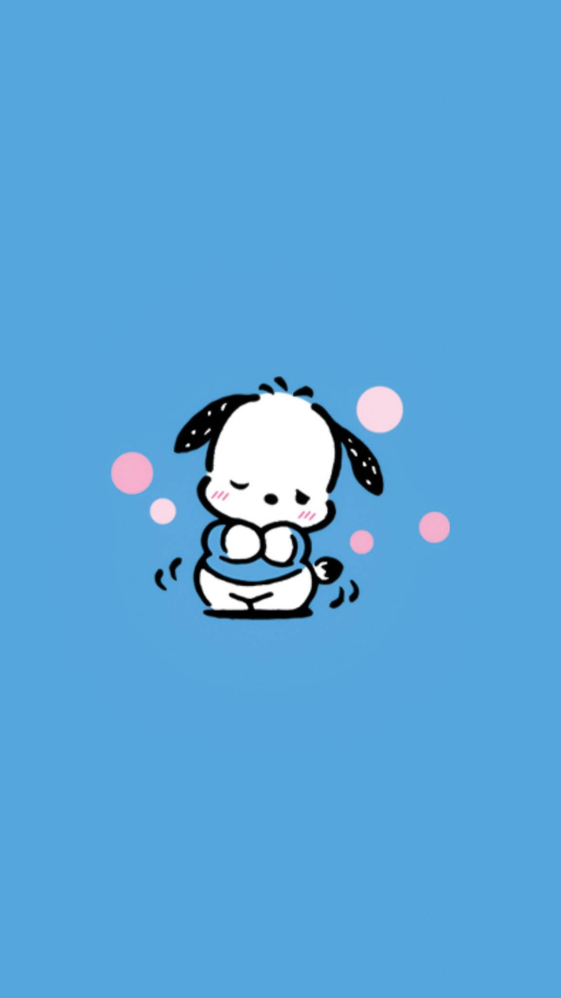 Pochacco 桌布 壁紙 — 一隻可愛的卡通小狗，有黑色耳朵和紅潤的臉頰，盤腿坐在純藍色背景上，周圍環繞著粉紅色泡泡。