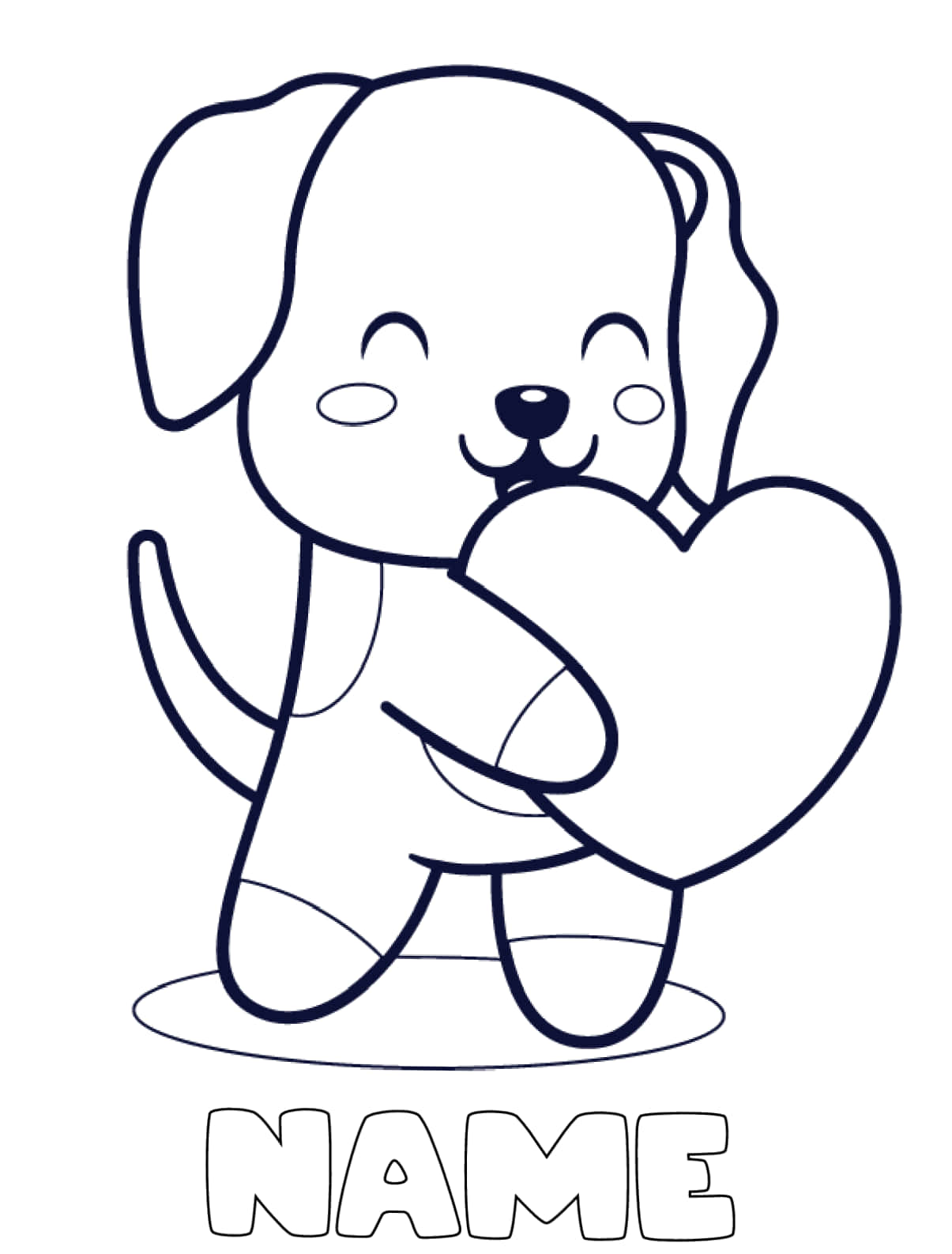 Dog Coloring 桌布 壁紙 — 一隻可愛的卡通小狗，面帶微笑，以簡單線條風格擁抱一個大愛心。