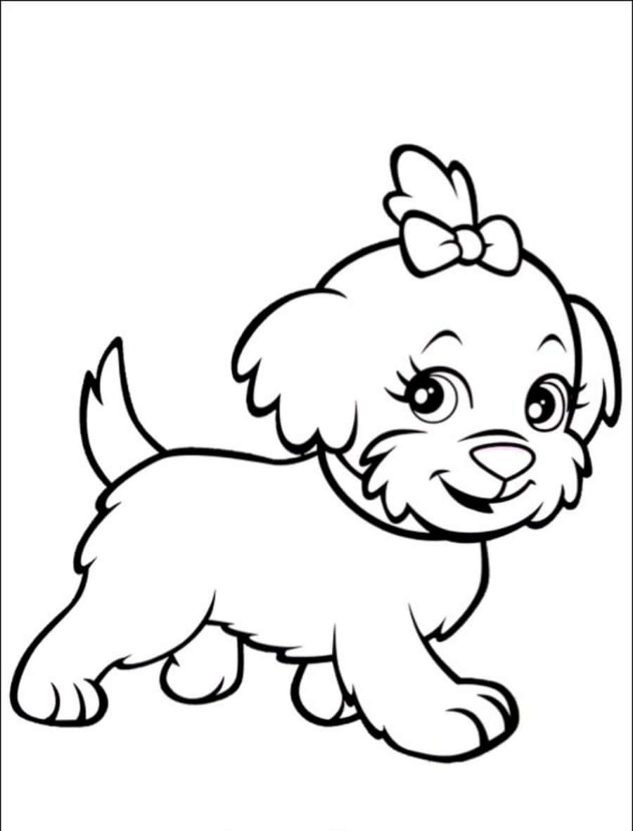 Dog Free 桌布 壁紙 — 一隻可愛的卡通小狗，頭上戴著蝴蝶結，以簡單的線條藝術風格站立，準備好被上色。