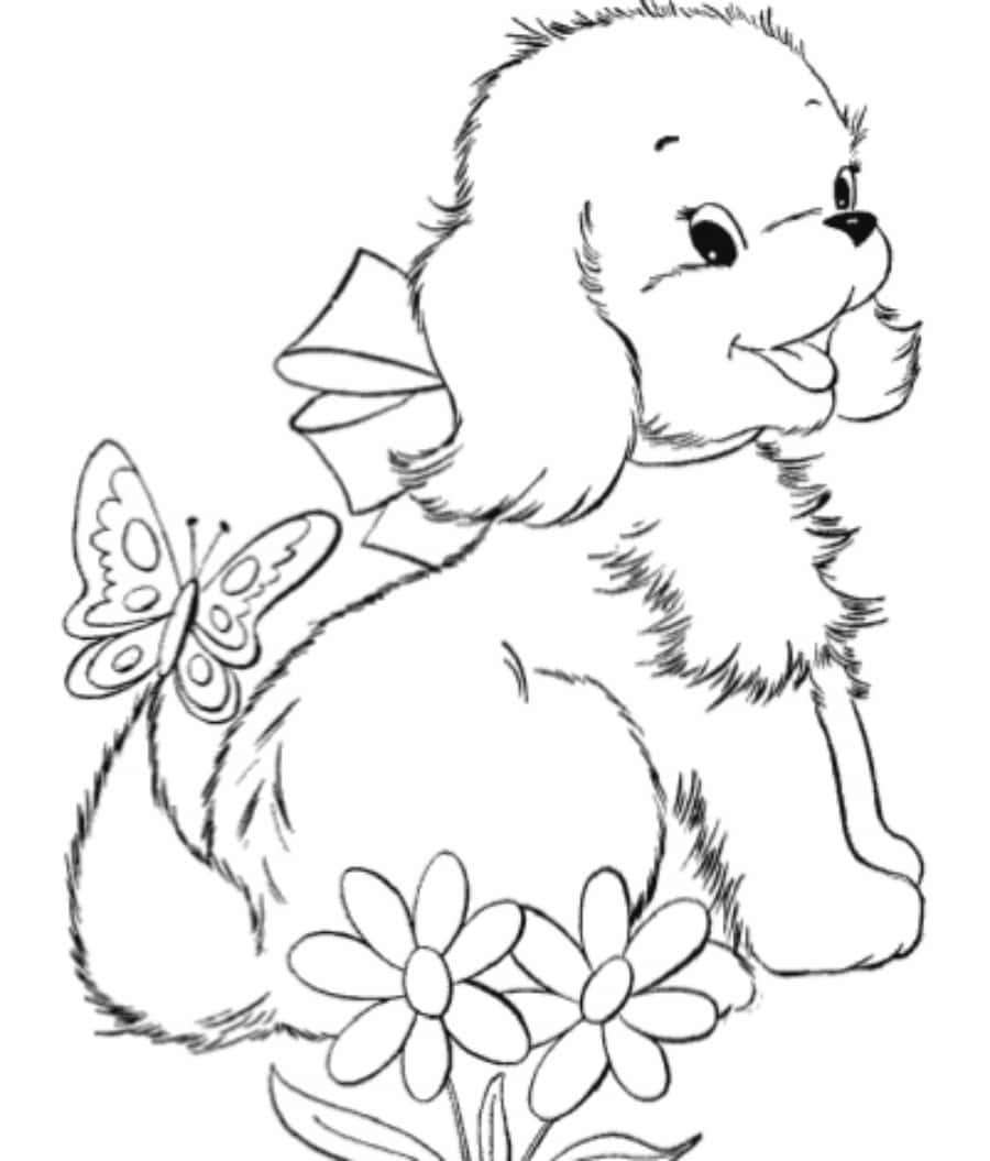 Dog Coloring 桌布 壁紙 — 一隻可愛的卡通小狗戴著蝴蝶結，坐在花朵和蝴蝶旁邊的簡單線條畫。