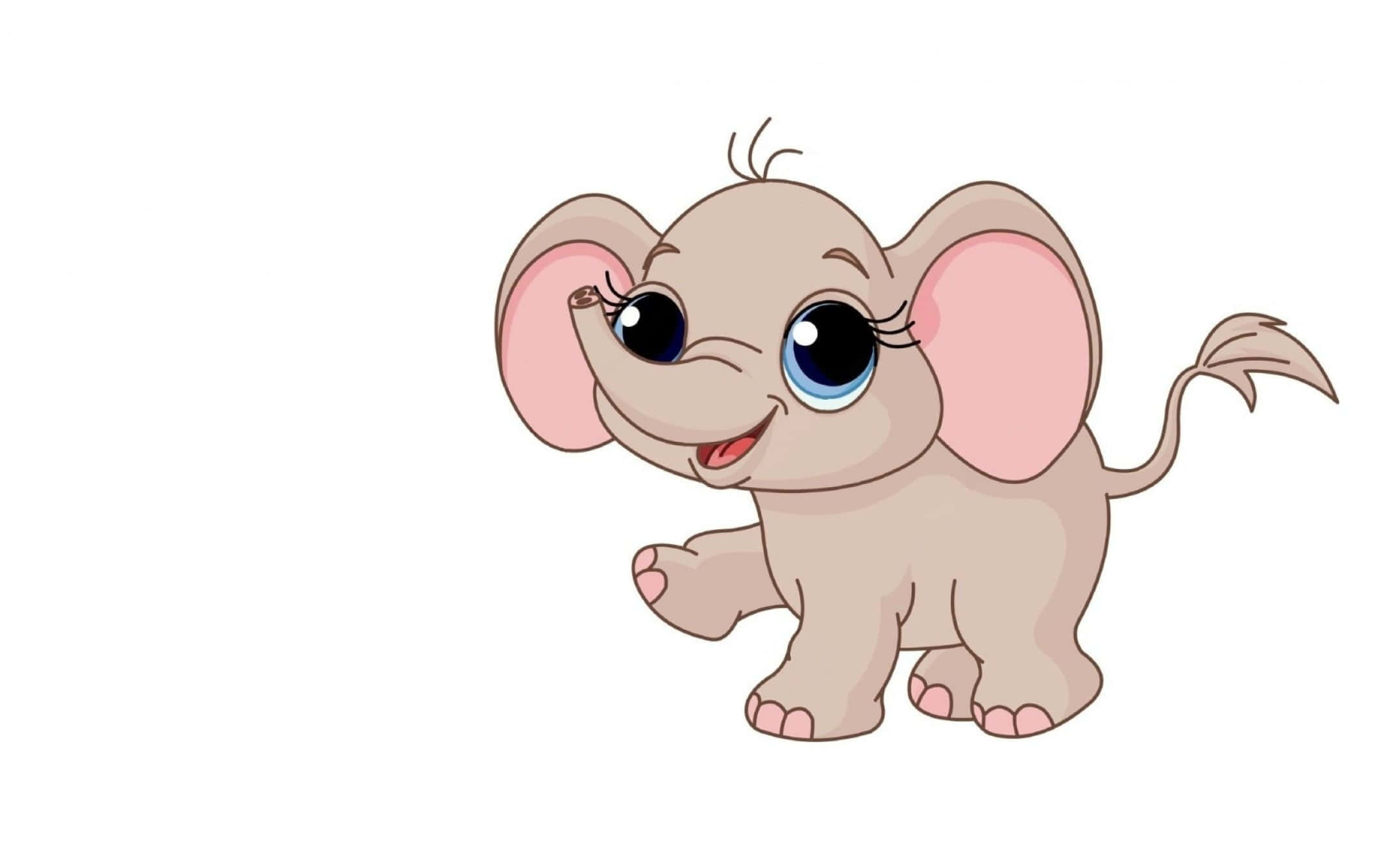 Kawaii Elephant 桌布 壁紙 — 一隻可愛的卡通小象，有著大大的藍色眼睛和粉紅色的耳朵，在純白色背景上開心地微笑。