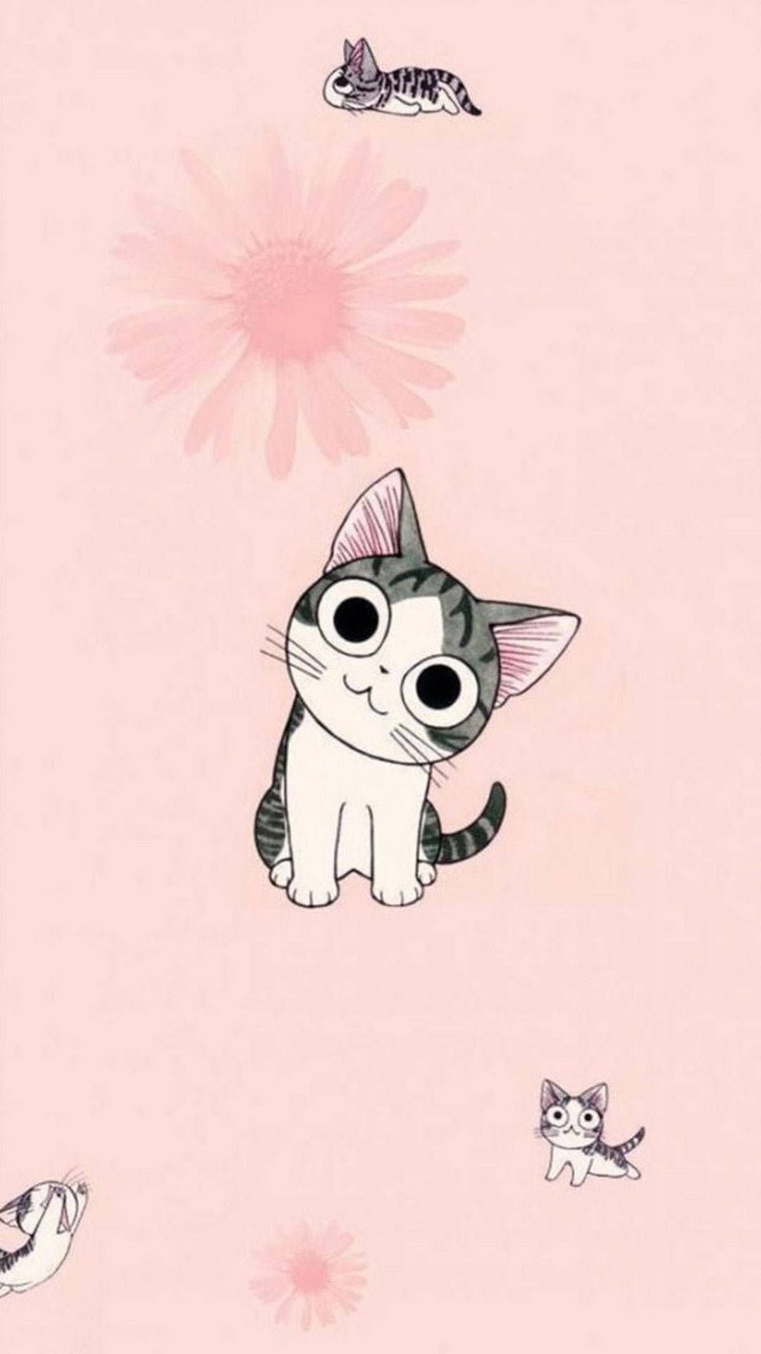 Cute Cat 桌布 壁紙 — 一隻可愛的卡通小貓，有大眼睛，坐在柔軟的粉紅色背景上，周圍有漂浮的花朵和其他細小的小貓。