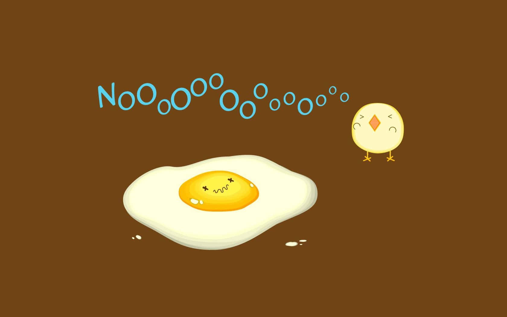 Egg 桌布 壁紙 — 一隻可愛的卡通小雞悲傷地看着一個煎蛋，帶着痛苦的表情和藍色的「NOOO」對話氣泡。