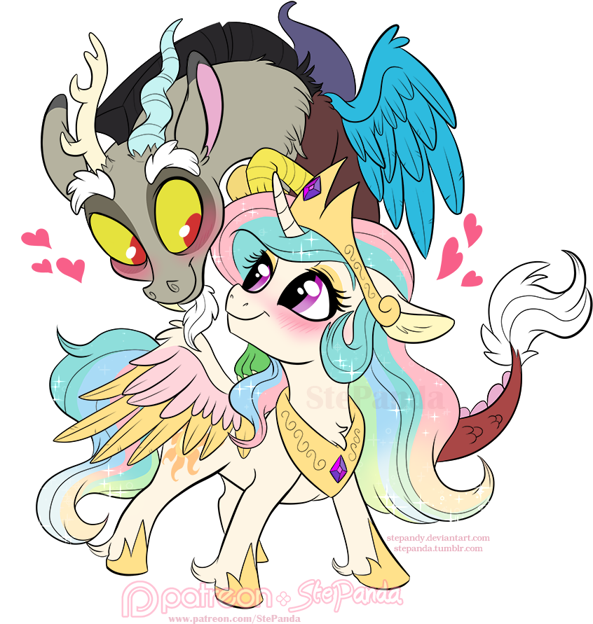 Discord 桌布 壁紙 — 一隻可愛的卡通小馬，擁有彩虹鬃毛和金色皇冠，站在一隻有角的山羊旁邊，山羊有藍色翅膀和發光的眼睛，背景是黑色，帶有心形和閃光。