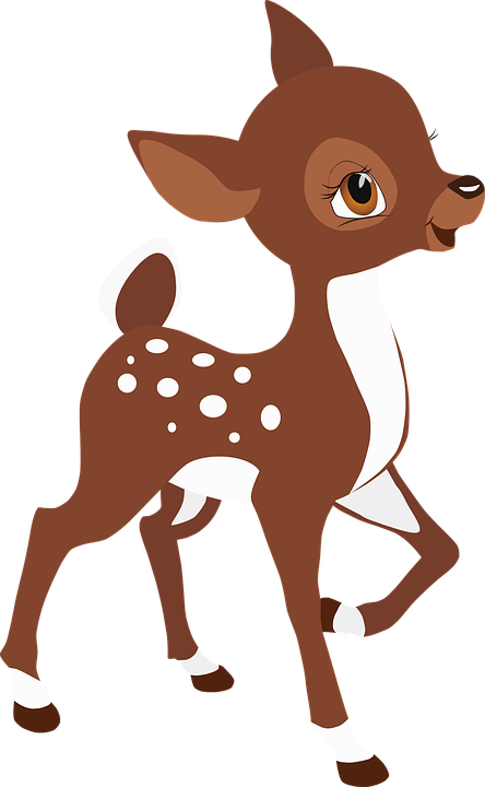 fawn 桌布 壁紙 — 一隻可愛的卡通小鹿，有棕色皮毛、白色斑點和大眼睛，站在黑色背景前。