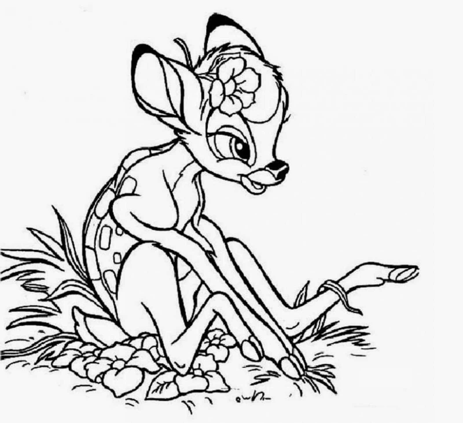 Cartoon Colouring 桌布 壁紙 — 一隻可愛的卡通小鹿，頭上戴著一朵花，坐在草和花之間，是一幅簡單的線條畫。