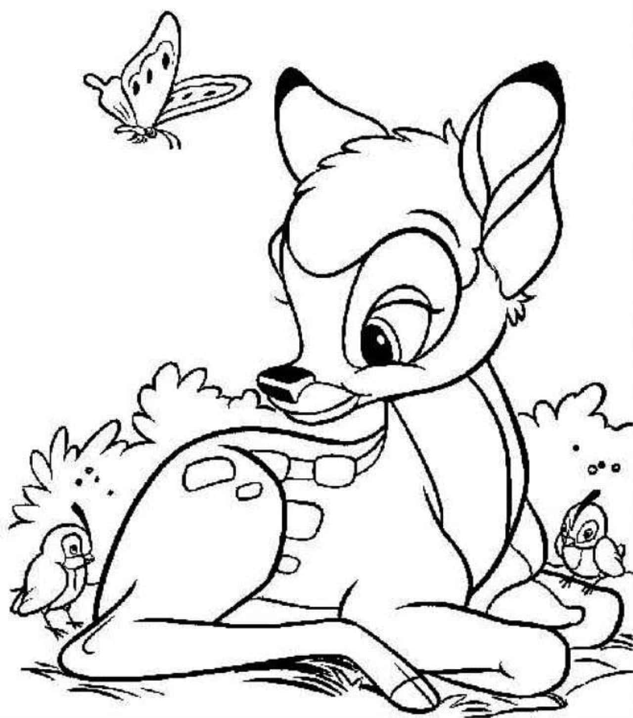 Cartoon Colouring 桌布 壁紙 — 一隻可愛的卡通小鹿與鳥兒和蝴蝶一起，以簡單的黑白線條畫平靜地坐著。