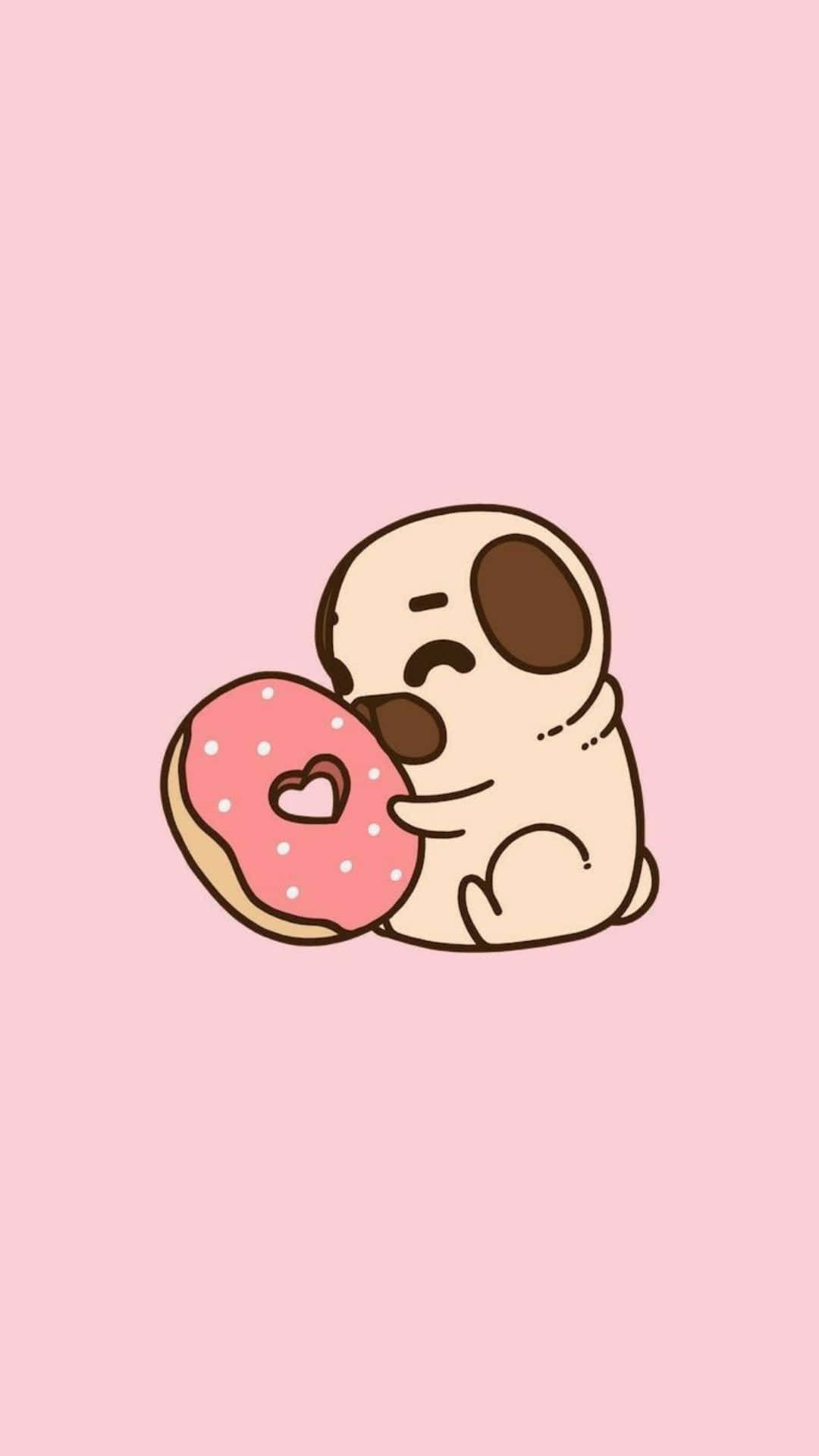 Kawaii Cartoon 桌布 壁紙 — 一隻可愛的卡通巴哥犬在柔和的粉紅色背景前擁抱一個帶有白色糖粒的粉紅色糖霜甜甜圈。