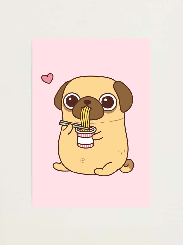 Pug Dog 桌布 壁紙 — 一隻可愛的卡通巴哥犬在柔和的粉紅色背景下用筷子開心地在杯子裡吃麵條。