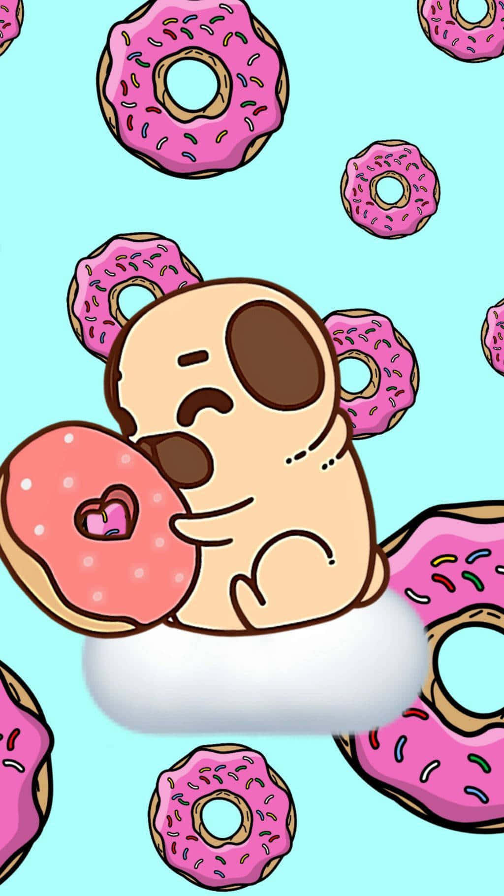 Cute Donut 桌布 壁紙 — 一隻可愛的卡通巴哥犬坐在雲上，開心地拿著一個有彩色糖粒的粉紅色糖霜甜甜圈，背景是淺藍色。