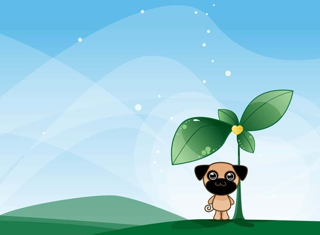 狗 桌布 壁紙 — 一隻可愛的卡通巴哥犬站在一棵小型綠色植物旁邊，植物有心形葉子，背景是柔和的藍天。