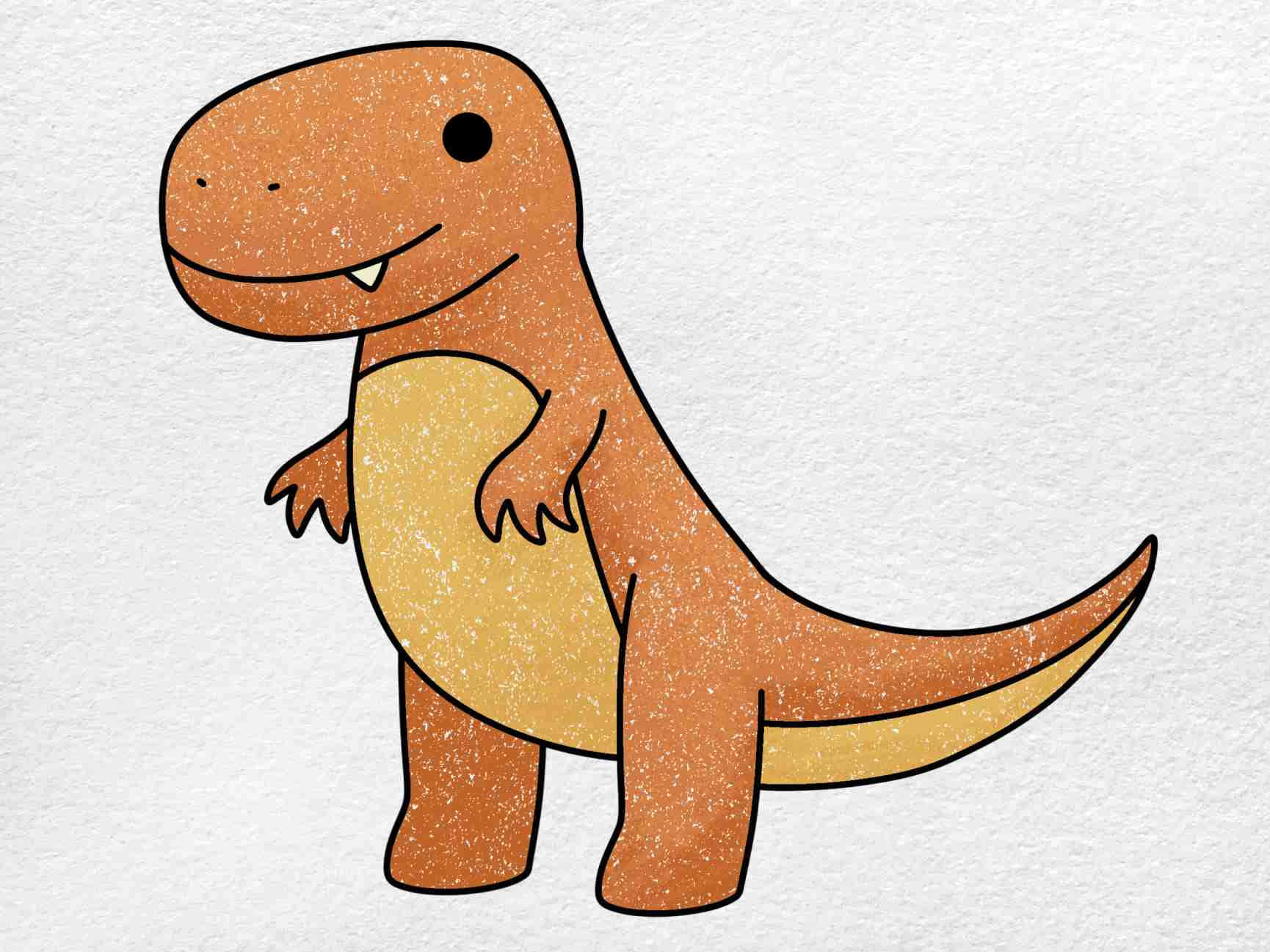 Dinosaur Drawing 桌布 壁紙 — 一隻可愛的卡通恐龍，帶著友善的笑容，身上有橙色和黃色的斑點，站在有紋理的白色背景前。