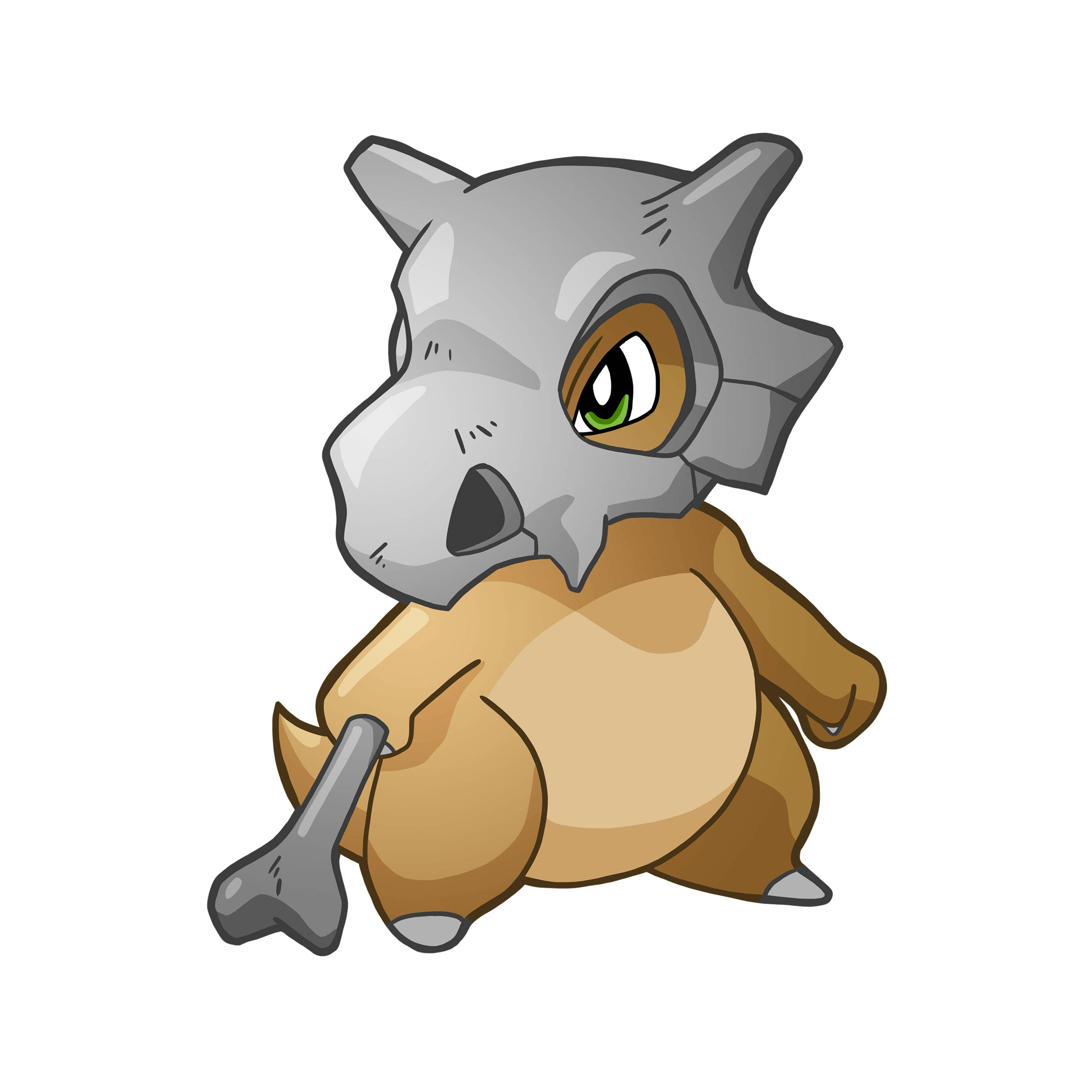 Cubone 桌布 壁紙 — 一隻可愛的卡通恐龍，灰色骷髏頭和棕色身體，拿著一根骨頭。