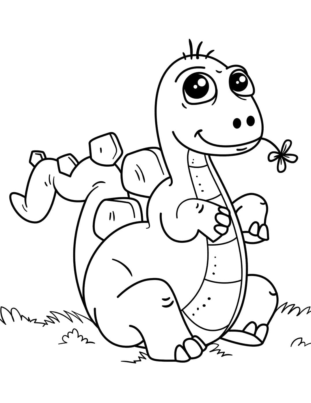 Dinosaur Coloring 桌布 壁紙 — 一隻可愛的卡通恐龍嘴裡叼著一朵花，坐在草地上，以簡單的黑白線條繪製。