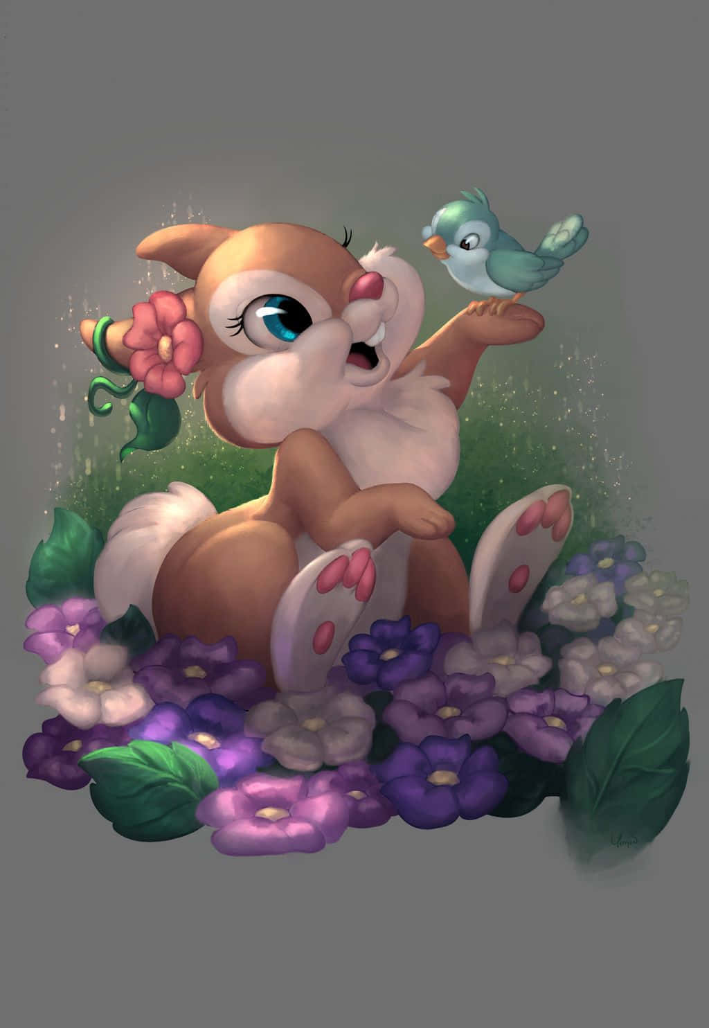 Miss Rabbit 桌布 壁紙 — 一隻可愛的卡通松鼠，頭上戴著粉紅色的花，坐在紫色和白色的花叢中，一隻藍色小鳥停在牠的爪子上。